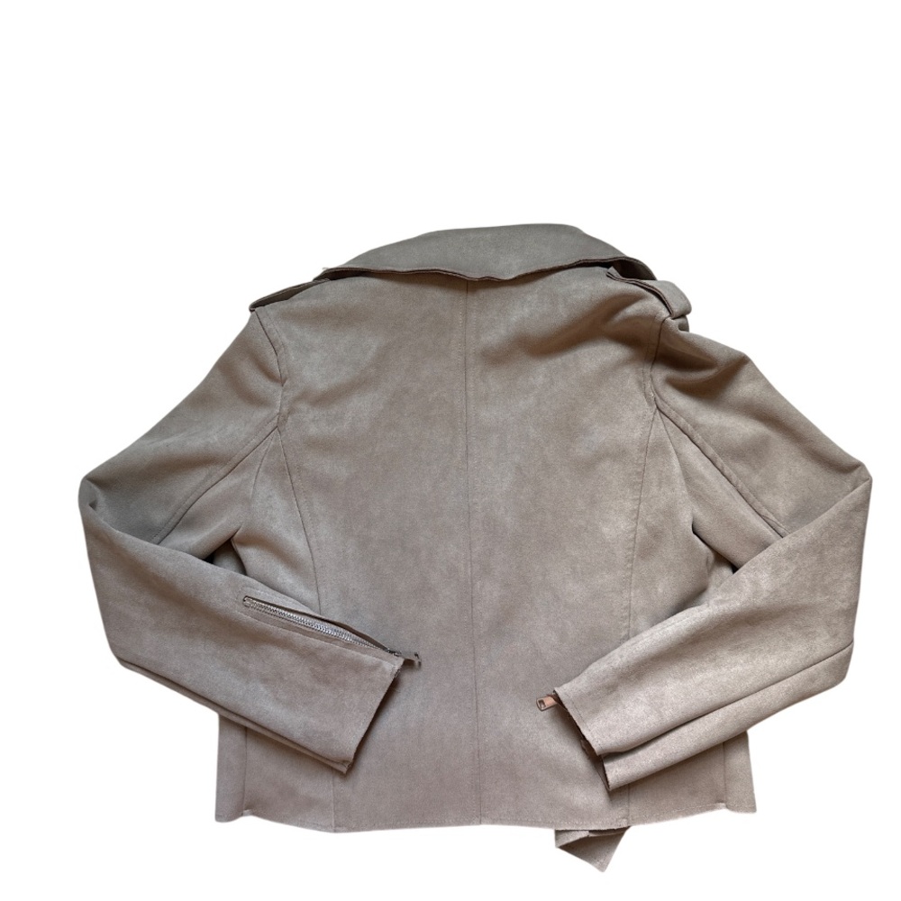 Suede Taupe Beige Blazer Jacket Sz S Minimalist Business Casual Zip Pockets - Picture 8 of 12